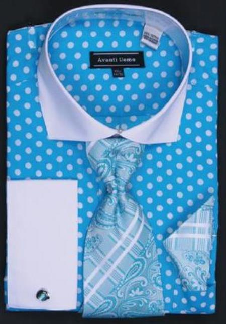 Mensusa Products Avanti Uomo Turquoise Polka Dot Two Tone Design 100% Cotton Shirt / Tie / Hanky Set With Free Cufflinks