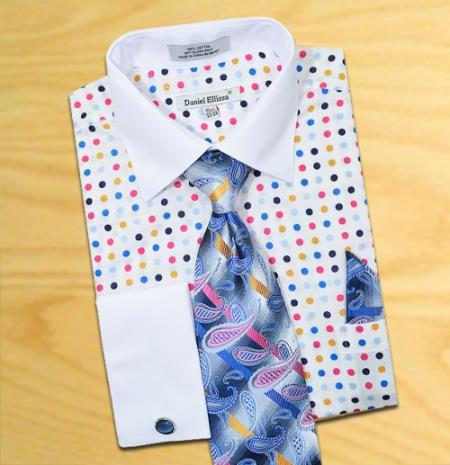 Mensusa Products White / Blue / Tan / Fuchsia Polka Dots Dress Fashion Shirt/ Tie / Hanky Set With Free Cufflinks