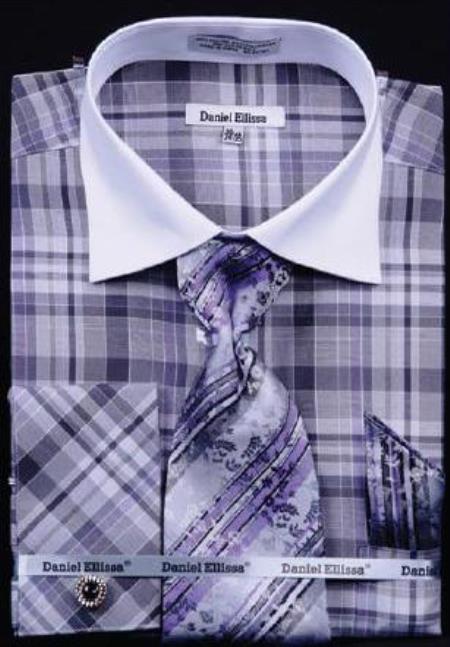 Mensusa Products Checker Pattern Dress Fashion Shirt/ Tie / Hanky Set With Free Cufflinks Black / Lilac
