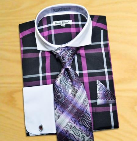 Mensusa Products Windowpane Plaid Pattern Dress Fashion Shirt/ Tie / Hanky Set With Free Cufflinks Black/Purple