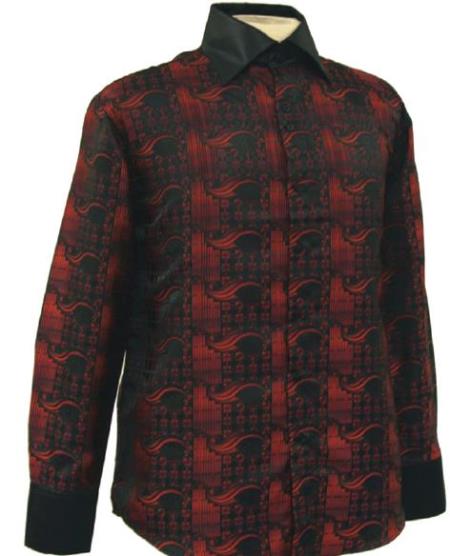 Mensusa Products Fancy Polyester Dress Fashion Shirt With Button Cuff Black / Red