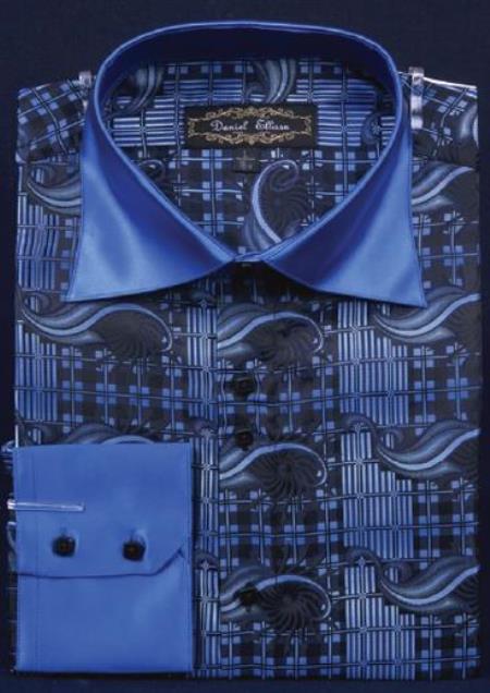 Mensusa Products Fancy Polyester Dress Fashion Shirt With Button Cuff Blue
