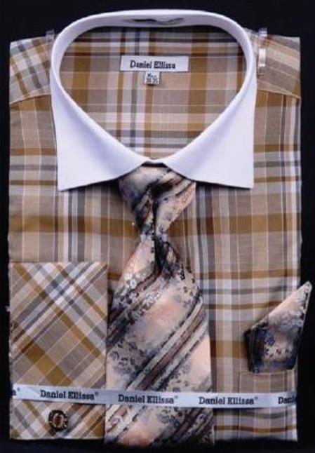 Mensusa Products Checker Pattern Dress Fashion Shirt/ Tie / Hanky Set With Free Cufflinks Brown/Beige