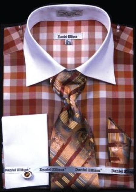 Mensusa Products Checker Pattern Dress Fashion Shirt/ Tie / Hanky Set With Free Cufflinks Brown