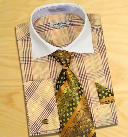 Mensusa Products Checker Pattern Two Tone Dress Fashion Shirt/ Tie / Hanky Set With Free Cufflinks Brown