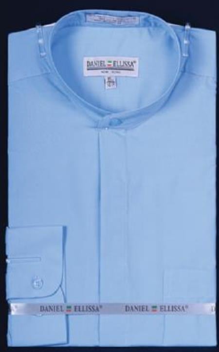 Mensusa Products Banded Collar Dress Fashion Shirt With Button Cuff Light Blue