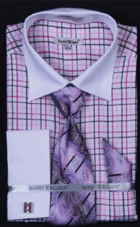 Mensusa Products Small Checker Dress Fashion Shirt/ Tie / Hanky Set With Free Cufflinks Lilac