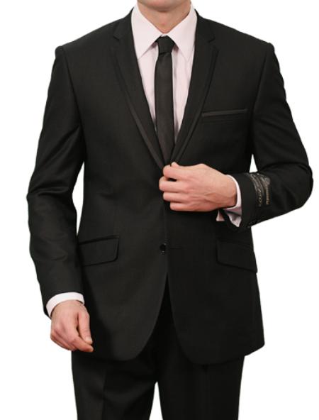 Mensusa Products Men's 2 Button Front Closure Slim Fit Suit Black Satin