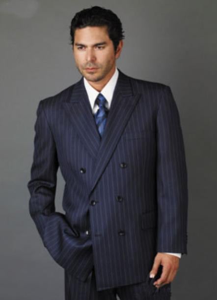 Mensusa Products Mens Double BreastedNavy Blue with Smooth Stripe Suit No Pleated Flat Front Pants