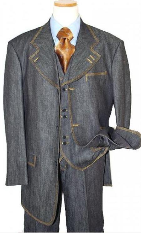 Mensusa Products Men's Fashion Denim Suit 3 Piece 1 Cotton Denim Fabric suits w/gold stitching