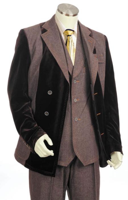 Mensusa Products Mens Double Breasted Fashion Denim Cotton Fabric Trimmed Two Tone Blazer/Suit/Tuxedo Black With Brown