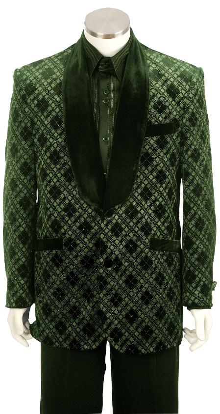 Mensusa Products Mens Exclusive Stunning Shawl Velvet Collar Dinner Jacket + Pants (Suit) Olive