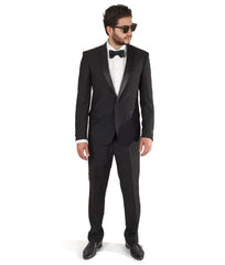 1 Button Peak Lapel  Cotton Blend Slim Fit Flat Front Pants Black Designer Cheap Priced Men's Slim Fitted Suit - Skinny Fit Suit