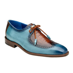 Men's Belvedere Etore Hand Painted Calf & Ostrich Leg Wingtip Dress Shoe In Blue & Camel