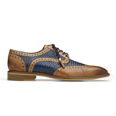 Mens Belvedere Gerry Ostrich & Woven Calf Wingtip Dress Shoe in Tan & Navy