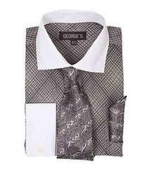 Mini Plaid/Checks French Cuff Black With Tie And Handkerchief White Collar Two Toned Contrast Men'S Dress Shirt