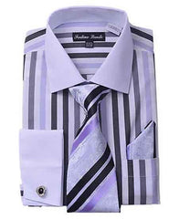 Classic Fit French Cuff Striped Black Shirt With Matching Tie And Hanky White Collar Two Toned Contrast Men'S Dress Shirt