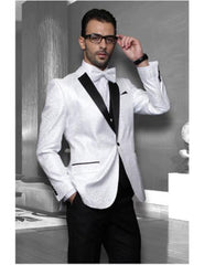 Men'S White Sport Coat Black Lapel Floral Shiny Tuxedo Paisley Flashy Satin Stage Dance