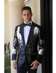 Men'S Black And Silver Fashion Paisley Print Tuxedo Sequin ~ Shiny ~ Flashy ~ Sharkskin Blazer Dinner Jacket