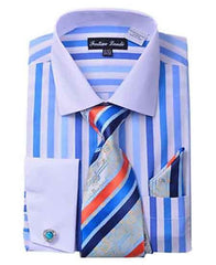 French Cuff Blue Striped Classic Fit Shirt With Matching Tie And Hanky White Collar Two Toned Contrast Men'S Dress Shirt