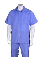 Men's Plain Short Sleeve Blue Linen Casual Casual Two Piece Mens Walking Outfit For Sale Pant Sets Suit With Pleated Pant - Mens Linen Suit