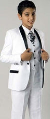 Boy's 1 Button Closure Shawl Lapel Fashion Two Tone Design White/Black 3 Piece Suit