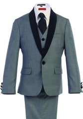 Boys Kids Sizes Tuxedo Suit AFT 3-Button Vest Classic Fit Suede Shawl Suit With Adjustable Tie Gray