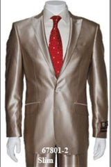 Champagne Suit Shiny Sharkskin Flashy Tan~champagne ~ Beige~Taupe 2 Button Style Jacket Flat Front Pants Notch Collar