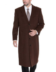 Men's Dress Coat 3 Buttons Brown Full Length %65 Wool Blend Overcoat Top Coat