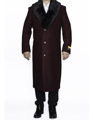 Men's Burgundy Fur Collar Full Length Overcoat