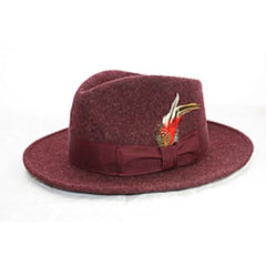 Mens Dress Hat Mens Burgundy ~ Wine ~ Maroon Color Wool Fedora Hat /with Feather