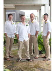 Men's Casual Groomsmen Attire Any White Linen Shirt & Tan or Black or White Pants Package Combo to Place Color Of Your Choice