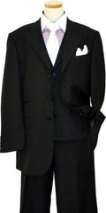 Mens Notch Lapel Three buttons Solid Black Vested Lapeled Vested 3PC Suit Wide leg Pleated pants