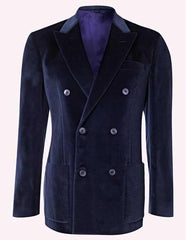 Mens Double Breasted Suits 6 Buttons Velour Jacket - Navy Blue Velvet Blazer - Slim Fitted