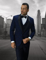 Men'S One Button Shawl Lapel Dark Navy Vested Tuxedo Suit