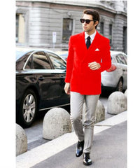 Men'S Red Double Breast Velvet Cheap Priced Jacket - Slim Fitted