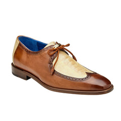 Men's Belvedere Etore Hand Painted Calf & Ostrich Leg Wingtip Dress Shoe in Camel & Bone