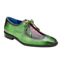 Men's Belvedere Etore Hand Painted Calf & Ostrich Leg Wingtip Dress Shoe in Green & Burgundy