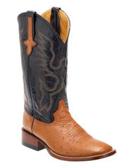 Ferrini Men's Smooth Ostrich S-Toe Boot - Cognac/Navy