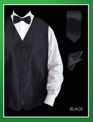 Men's 4 Piece Dress Tuxedo Wedding Vest ~ Waistcoat ~ Waist coat Set (Bow Tie, Neck Tie, Hanky) - Twill patterned Black