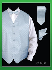 Men's 4 Piece Groomsmen Dress Tuxedo Wedding Vest ~ Waistcoat ~ Waist coat Set (Bow Tie, Neck Tie, Hanky) - Chessboard Checkered Light Blue  - Men's Neck Ties - Mens Dress Tie - Trendy Mens Ties