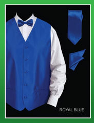 Men's 4 Piece Dress Tuxedo Wedding Vest ~ Waistcoat ~ Waist coat Set (Bow Tie, Neck Tie, Hanky) - Twill patterned Royal Blue