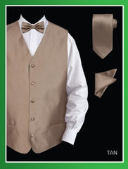 Men'S 4 Piece Dress Tuxedo Wedding Vest ~ Waistcoat ~ Waist Coat Set (Bow Tie, Neck Tie, Hanky) - Twill Patterned Tan ~ Beige