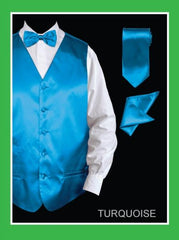 Men's 4 Piece Dress Tuxedo Wedding Vest ~ Waistcoat ~ Waist coat Set (Bow Tie, Neck Tie, Hanky) - Satin turquoise ~ Light Blue Stage Party