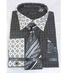 French Cuff With Contrasting Collar Bird Pattern Black Men'S Dress Shirt