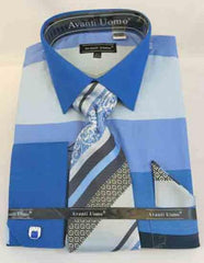 Blue Multi French Cuff Cotton Colored Block Pattern Men'S Dress Shirt