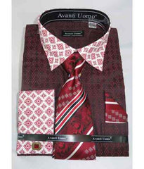 Red Burgundy ~ Wine ~ Maroon Color French Cuff With Contrasting Collar Bird Pattern Men'S Dress Shirt