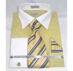 Pinstripe Pattern Mustard French Cuff With Collar Men'S Dress Shirt