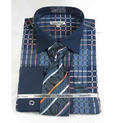 Window Pane Pattern Navy Blue French Cuff With Collar Men's Dress Shirt