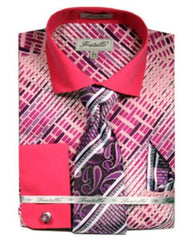 French Cuff Dress Fuchsia Pattern Shirts Tie Pink Color Set Men's Dress Shirt